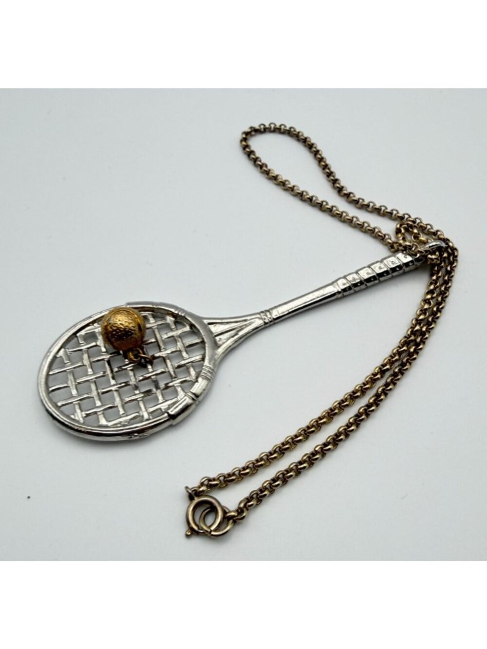 Vintage Tennis Racket Large Pendant Necklace 18" Gold and Silver Tone Sports 80s - Picture 5 of 7